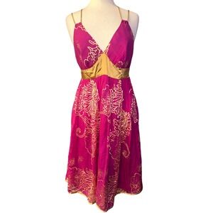 Z1 Vtg Y2K Arden B Womens L Magenta Gold Floral Burnout USA Dress Silk Cocktail